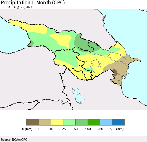 Azerbaijan, Armenia and Georgia Precipitation 1-Month (CPC) Thematic Map For 7/26/2023 - 8/25/2023