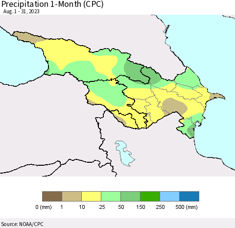 Azerbaijan, Armenia and Georgia Precipitation 1-Month (CPC) Thematic Map For 8/1/2023 - 8/31/2023