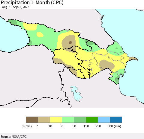 Azerbaijan, Armenia and Georgia Precipitation 1-Month (CPC) Thematic Map For 8/6/2023 - 9/5/2023