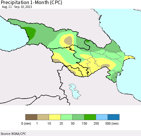 Azerbaijan, Armenia and Georgia Precipitation 1-Month (CPC) Thematic Map For 8/11/2023 - 9/10/2023