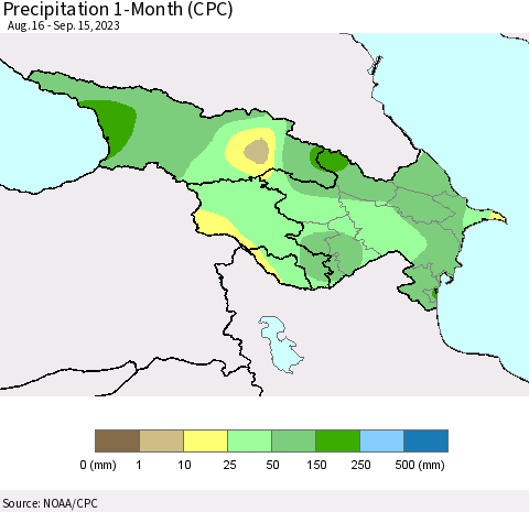 Azerbaijan, Armenia and Georgia Precipitation 1-Month (CPC) Thematic Map For 8/16/2023 - 9/15/2023