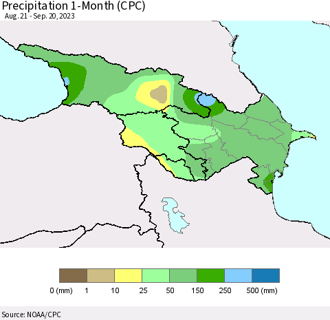 Azerbaijan, Armenia and Georgia Precipitation 1-Month (CPC) Thematic Map For 8/21/2023 - 9/20/2023