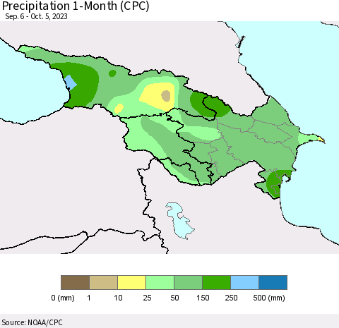Azerbaijan, Armenia and Georgia Precipitation 1-Month (CPC) Thematic Map For 9/6/2023 - 10/5/2023