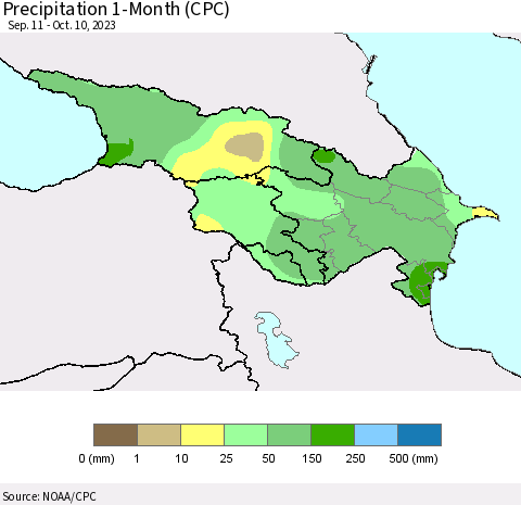 Azerbaijan, Armenia and Georgia Precipitation 1-Month (CPC) Thematic Map For 9/11/2023 - 10/10/2023