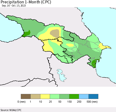 Azerbaijan, Armenia and Georgia Precipitation 1-Month (CPC) Thematic Map For 9/16/2023 - 10/15/2023