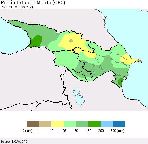 Azerbaijan, Armenia and Georgia Precipitation 1-Month (CPC) Thematic Map For 9/21/2023 - 10/20/2023