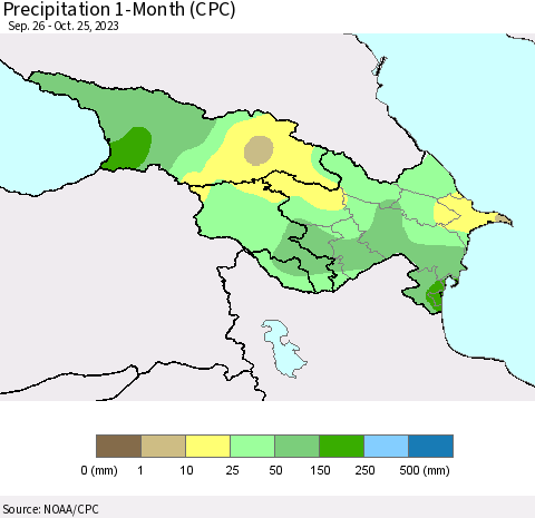 Azerbaijan, Armenia and Georgia Precipitation 1-Month (CPC) Thematic Map For 9/26/2023 - 10/25/2023