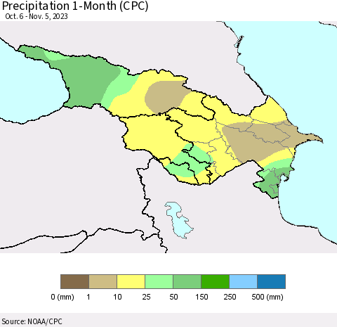 Azerbaijan, Armenia and Georgia Precipitation 1-Month (CPC) Thematic Map For 10/6/2023 - 11/5/2023