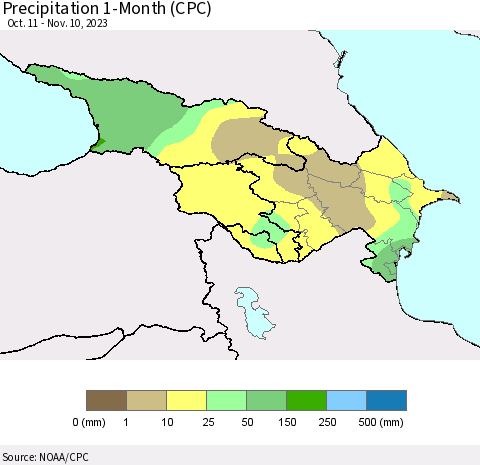 Azerbaijan, Armenia and Georgia Precipitation 1-Month (CPC) Thematic Map For 10/11/2023 - 11/10/2023