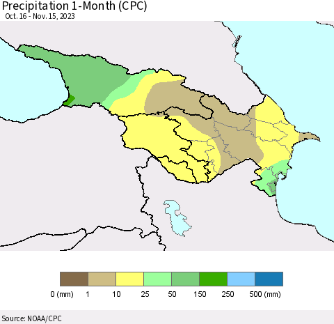 Azerbaijan, Armenia and Georgia Precipitation 1-Month (CPC) Thematic Map For 10/16/2023 - 11/15/2023