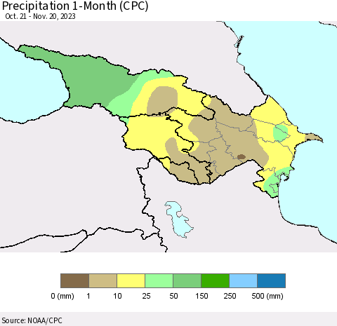 Azerbaijan, Armenia and Georgia Precipitation 1-Month (CPC) Thematic Map For 10/21/2023 - 11/20/2023