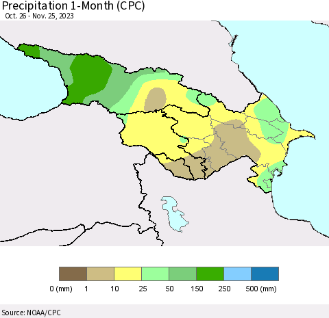 Azerbaijan, Armenia and Georgia Precipitation 1-Month (CPC) Thematic Map For 10/26/2023 - 11/25/2023