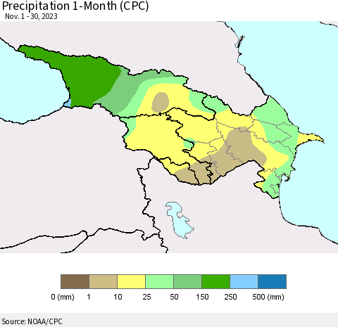 Azerbaijan, Armenia and Georgia Precipitation 1-Month (CPC) Thematic Map For 11/1/2023 - 11/30/2023