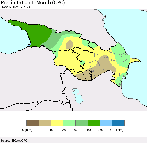 Azerbaijan, Armenia and Georgia Precipitation 1-Month (CPC) Thematic Map For 11/6/2023 - 12/5/2023