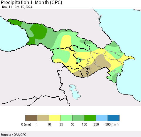Azerbaijan, Armenia and Georgia Precipitation 1-Month (CPC) Thematic Map For 11/11/2023 - 12/10/2023