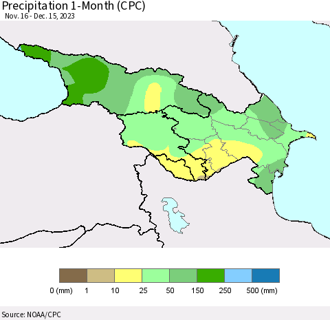 Azerbaijan, Armenia and Georgia Precipitation 1-Month (CPC) Thematic Map For 11/16/2023 - 12/15/2023