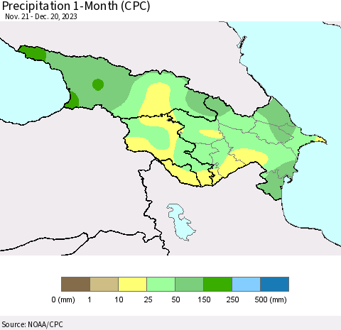 Azerbaijan, Armenia and Georgia Precipitation 1-Month (CPC) Thematic Map For 11/21/2023 - 12/20/2023