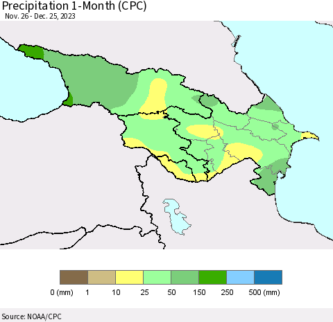 Azerbaijan, Armenia and Georgia Precipitation 1-Month (CPC) Thematic Map For 11/26/2023 - 12/25/2023