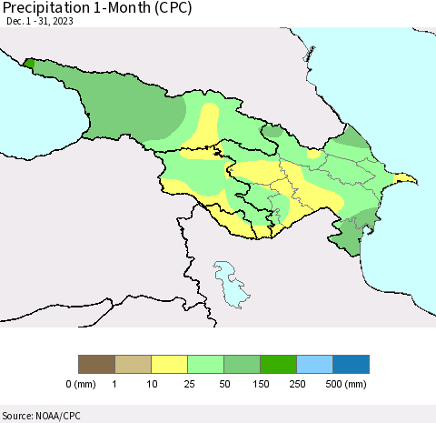 Azerbaijan, Armenia and Georgia Precipitation 1-Month (CPC) Thematic Map For 12/1/2023 - 12/31/2023