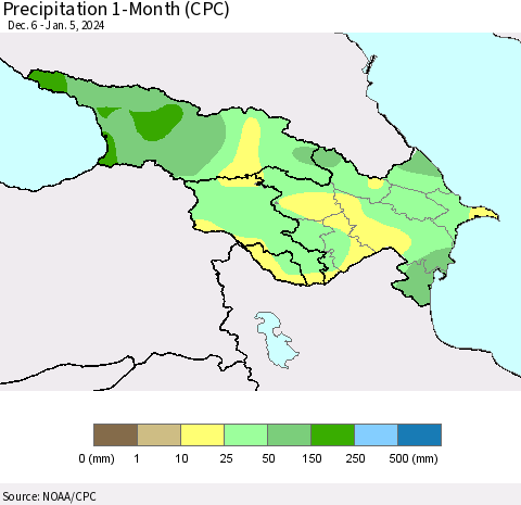 Azerbaijan, Armenia and Georgia Precipitation 1-Month (CPC) Thematic Map For 12/6/2023 - 1/5/2024
