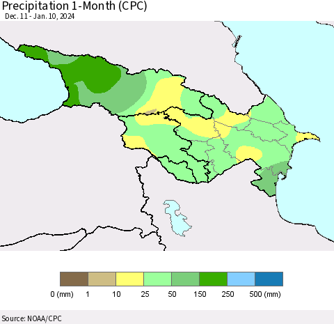 Azerbaijan, Armenia and Georgia Precipitation 1-Month (CPC) Thematic Map For 12/11/2023 - 1/10/2024