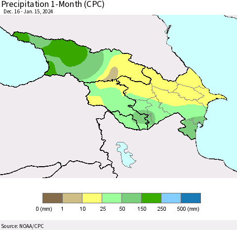 Azerbaijan, Armenia and Georgia Precipitation 1-Month (CPC) Thematic Map For 12/16/2023 - 1/15/2024