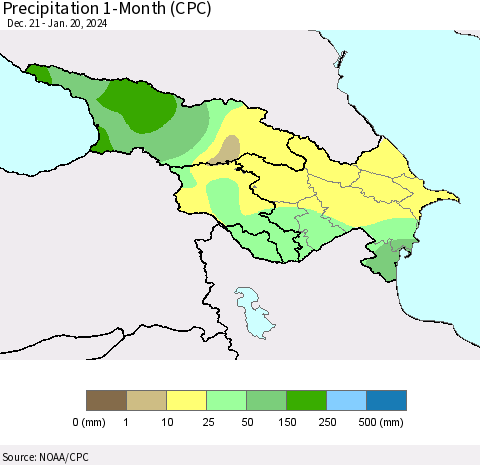 Azerbaijan, Armenia and Georgia Precipitation 1-Month (CPC) Thematic Map For 12/21/2023 - 1/20/2024
