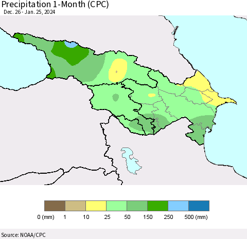 Azerbaijan, Armenia and Georgia Precipitation 1-Month (CPC) Thematic Map For 12/26/2023 - 1/25/2024