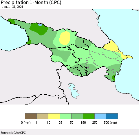 Azerbaijan, Armenia and Georgia Precipitation 1-Month (CPC) Thematic Map For 1/1/2024 - 1/31/2024