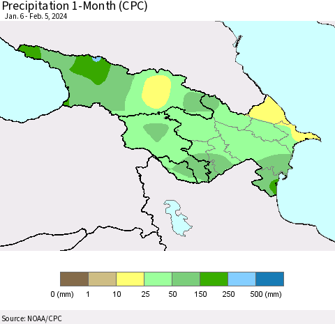 Azerbaijan, Armenia and Georgia Precipitation 1-Month (CPC) Thematic Map For 1/6/2024 - 2/5/2024