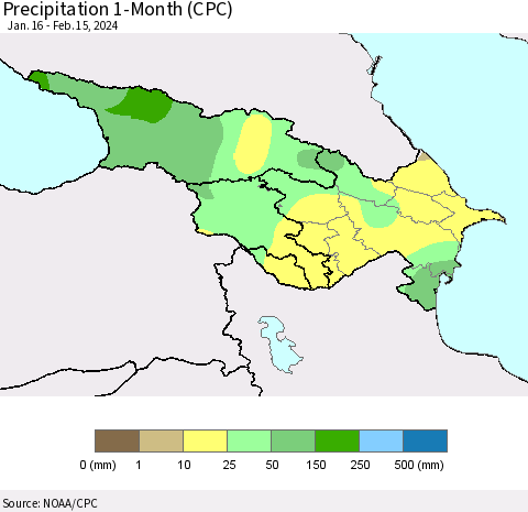 Azerbaijan, Armenia and Georgia Precipitation 1-Month (CPC) Thematic Map For 1/16/2024 - 2/15/2024