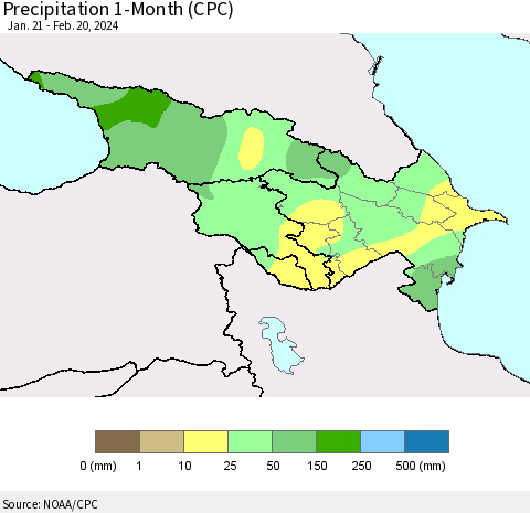 Azerbaijan, Armenia and Georgia Precipitation 1-Month (CPC) Thematic Map For 1/21/2024 - 2/20/2024