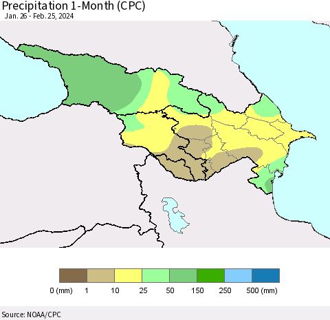 Azerbaijan, Armenia and Georgia Precipitation 1-Month (CPC) Thematic Map For 1/26/2024 - 2/25/2024