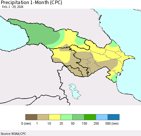 Azerbaijan, Armenia and Georgia Precipitation 1-Month (CPC) Thematic Map For 2/1/2024 - 2/29/2024