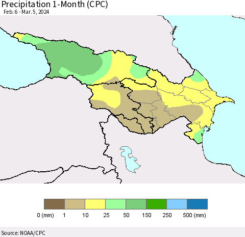 Azerbaijan, Armenia and Georgia Precipitation 1-Month (CPC) Thematic Map For 2/6/2024 - 3/5/2024