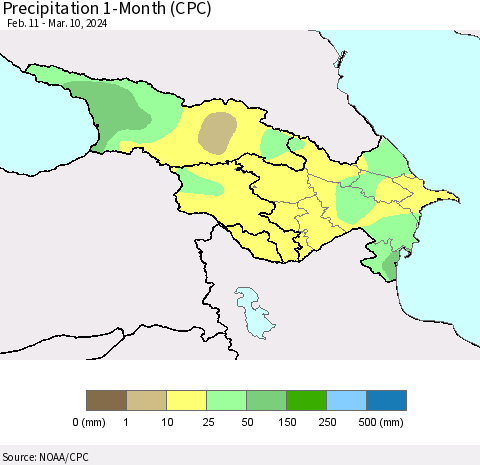 Azerbaijan, Armenia and Georgia Precipitation 1-Month (CPC) Thematic Map For 2/11/2024 - 3/10/2024