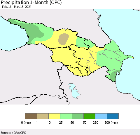 Azerbaijan, Armenia and Georgia Precipitation 1-Month (CPC) Thematic Map For 2/16/2024 - 3/15/2024