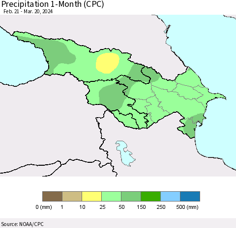 Azerbaijan, Armenia and Georgia Precipitation 1-Month (CPC) Thematic Map For 2/21/2024 - 3/20/2024