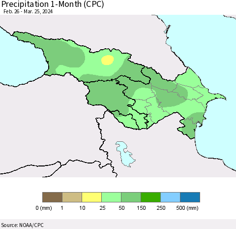 Azerbaijan, Armenia and Georgia Precipitation 1-Month (CPC) Thematic Map For 2/26/2024 - 3/25/2024