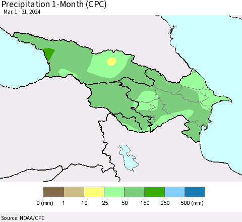 Azerbaijan, Armenia and Georgia Precipitation 1-Month (CPC) Thematic Map For 3/1/2024 - 3/31/2024