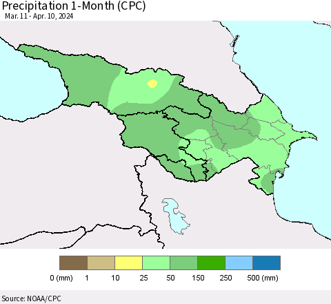 Azerbaijan, Armenia and Georgia Precipitation 1-Month (CPC) Thematic Map For 3/11/2024 - 4/10/2024