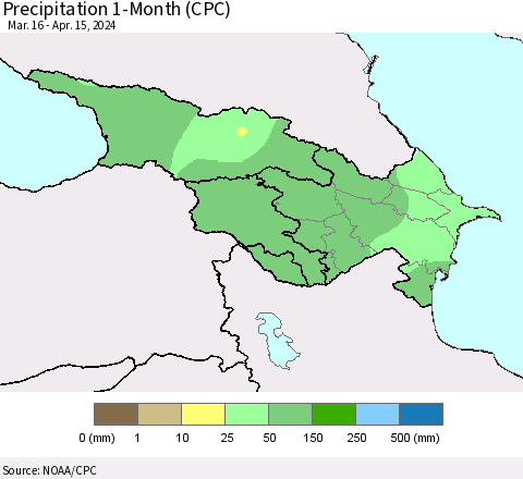Azerbaijan, Armenia and Georgia Precipitation 1-Month (CPC) Thematic Map For 3/16/2024 - 4/15/2024
