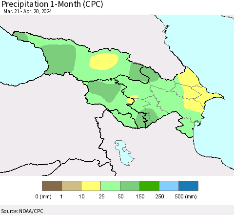 Azerbaijan, Armenia and Georgia Precipitation 1-Month (CPC) Thematic Map For 3/21/2024 - 4/20/2024