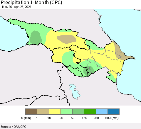 Azerbaijan, Armenia and Georgia Precipitation 1-Month (CPC) Thematic Map For 3/26/2024 - 4/25/2024