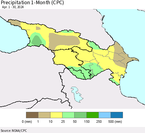 Azerbaijan, Armenia and Georgia Precipitation 1-Month (CPC) Thematic Map For 4/1/2024 - 4/30/2024