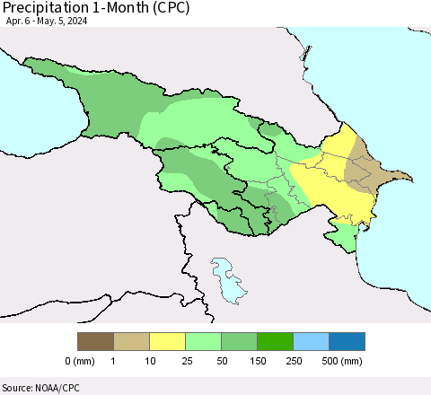 Azerbaijan, Armenia and Georgia Precipitation 1-Month (CPC) Thematic Map For 4/6/2024 - 5/5/2024