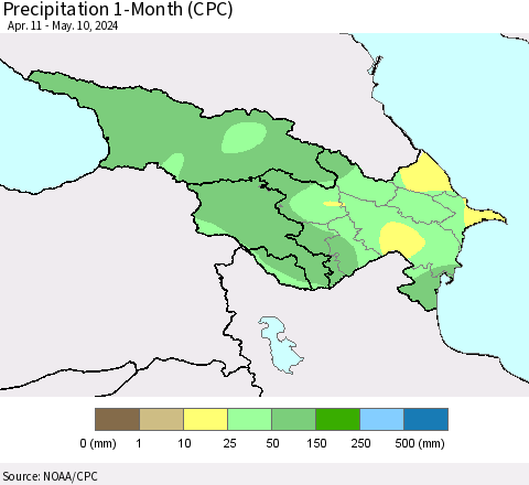Azerbaijan, Armenia and Georgia Precipitation 1-Month (CPC) Thematic Map For 4/11/2024 - 5/10/2024