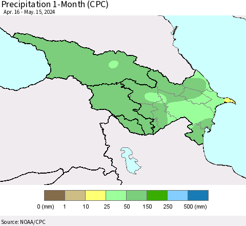 Azerbaijan, Armenia and Georgia Precipitation 1-Month (CPC) Thematic Map For 4/16/2024 - 5/15/2024