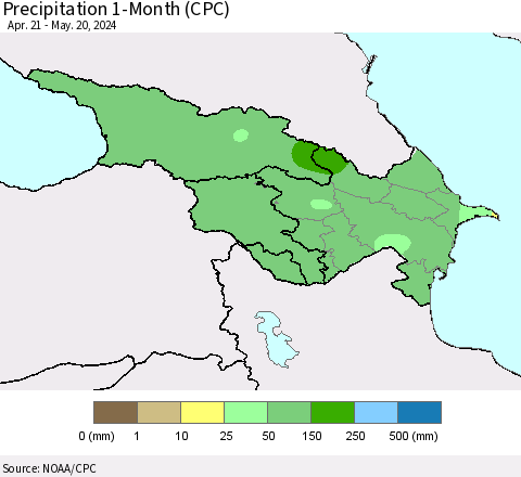 Azerbaijan, Armenia and Georgia Precipitation 1-Month (CPC) Thematic Map For 4/21/2024 - 5/20/2024