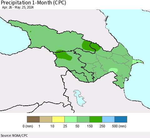 Azerbaijan, Armenia and Georgia Precipitation 1-Month (CPC) Thematic Map For 4/26/2024 - 5/25/2024